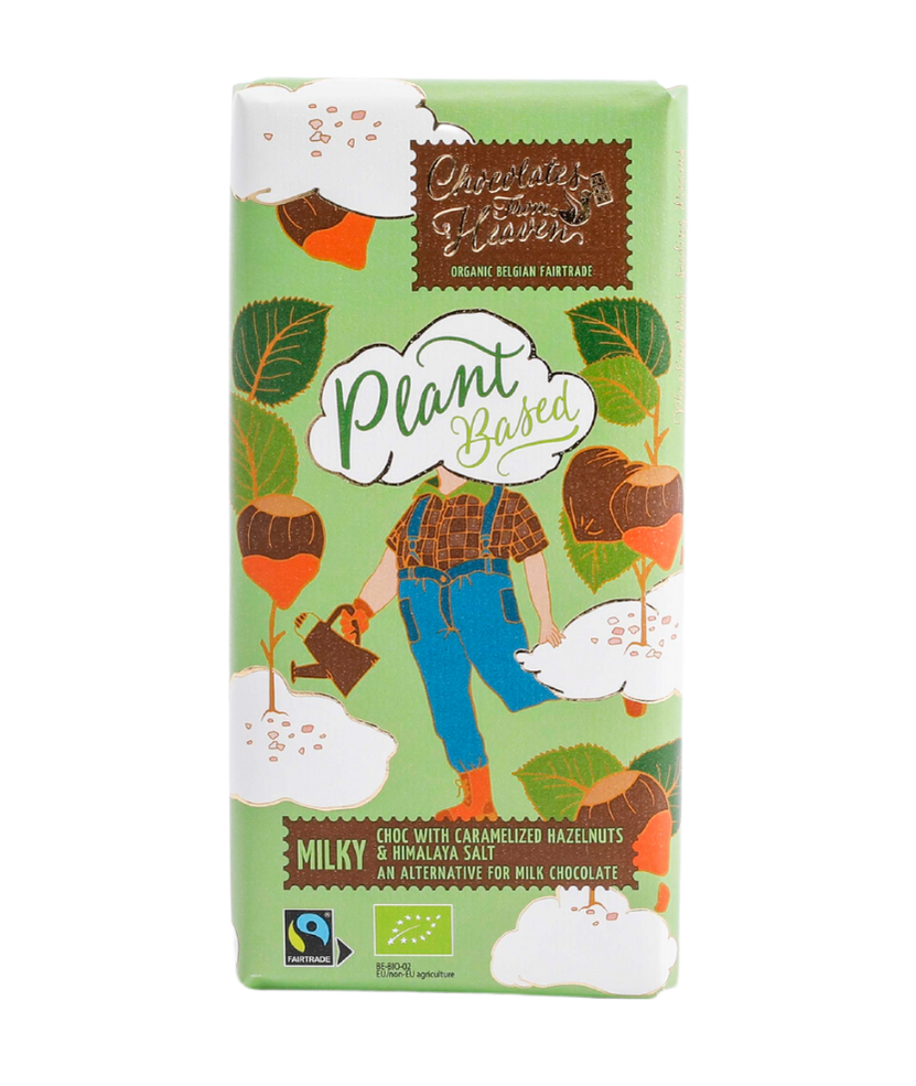 Chocolates From Heaven plant based vegan melk Belgische organische chocolade melkchocolade met gekarameliseerde hazelnoten en himalaya zout alternatief melkchocolade chocolate caramelized hazelnuts and himalaya salt tablet bio fairtrade rijstmelk