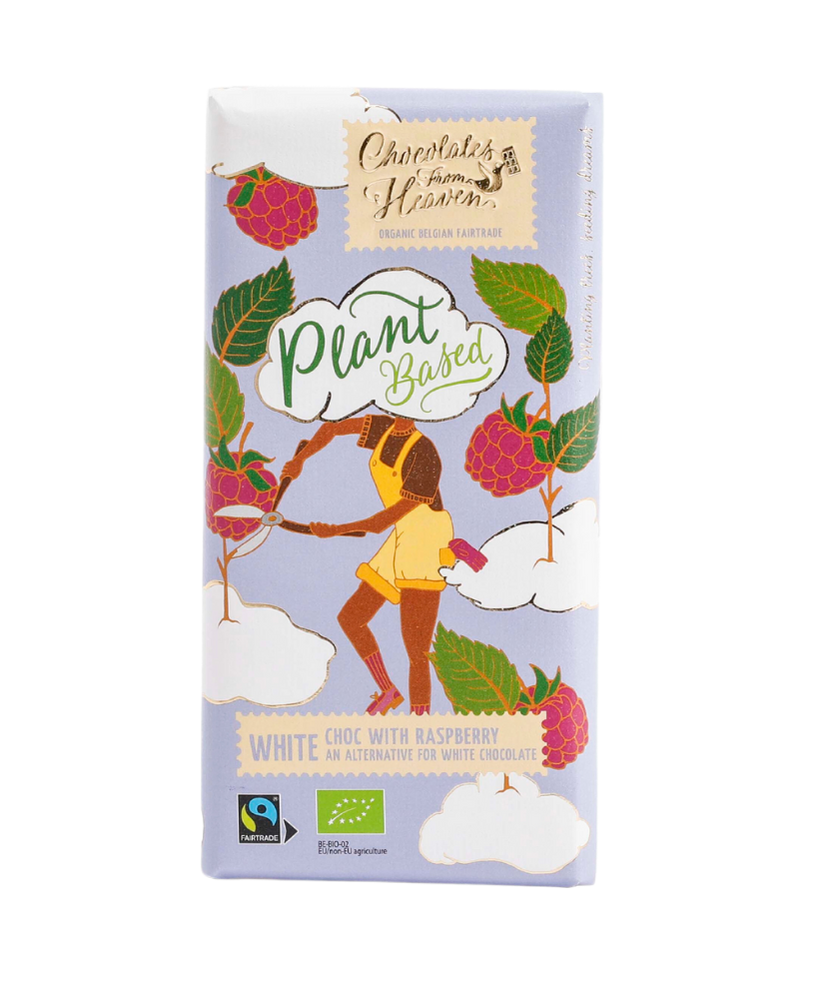 Chocolates From Heaven plant based vegan wit Belgische organische chocolade alternatief witte chocolade framboos alternative for white chocolate with raspberry tablet bio fairtrade rijstmelk