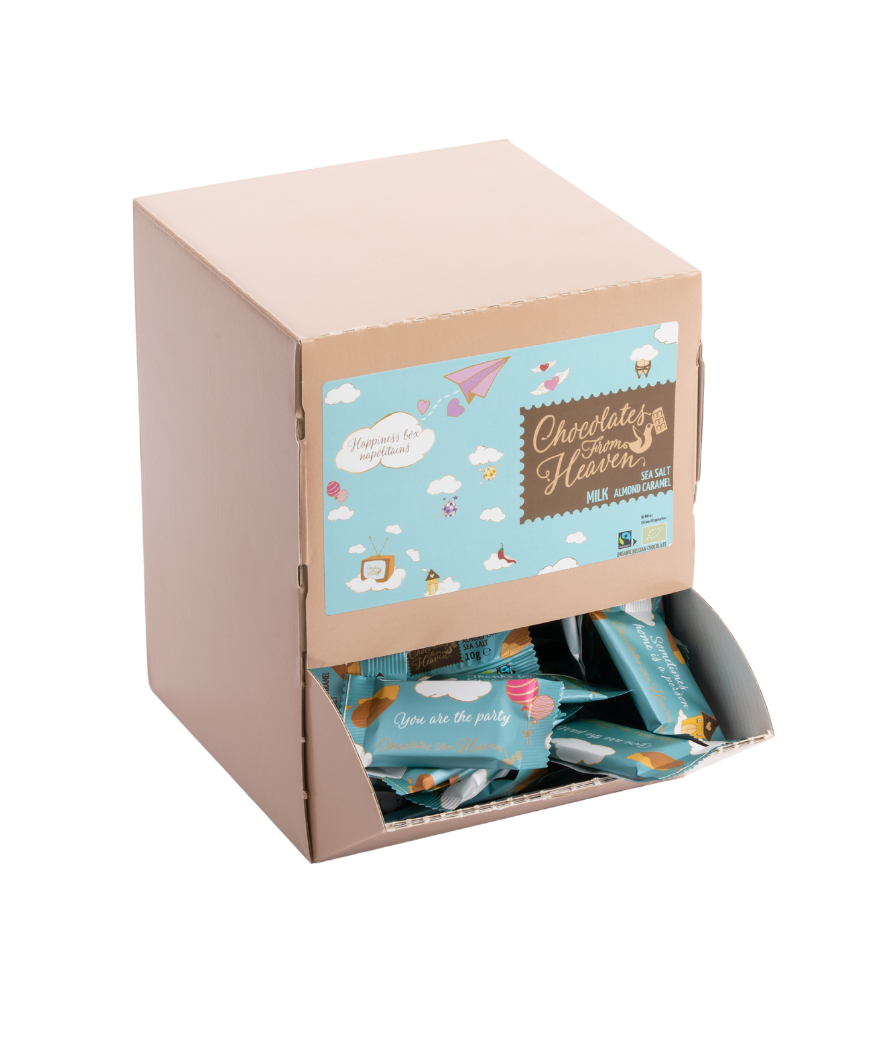 Chocolates from heaven little chocolates with quote kleine chocolaatjes met quotes happiness box dispenser doos bio fairtrade melkchocolade amandel karamel zeezout milk chocolate almond caramel seasalt