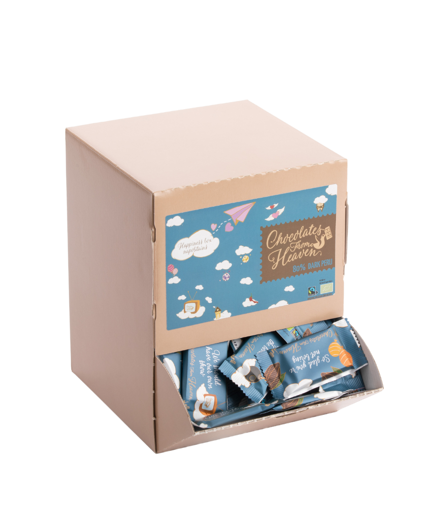 Chocolates from heaven little chocolates with quote kleine chocolaatjes met quotes bio fairtrade pure chocolade 80% peru pure chocolate Happiness box dispenser door