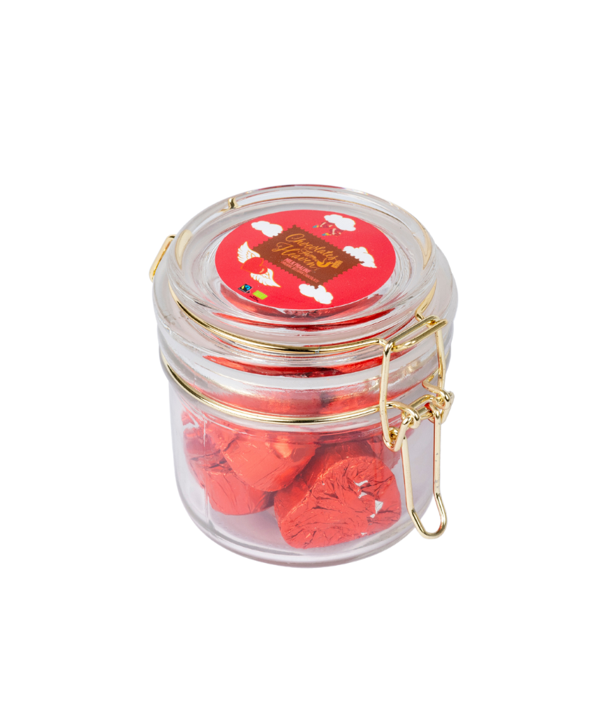 Chocolates From Heaven melkchocolade praline praliné Belgische organische chocolade melk hartjes hartjeschocolade valentijn bio fairtrade sweet hearts jar