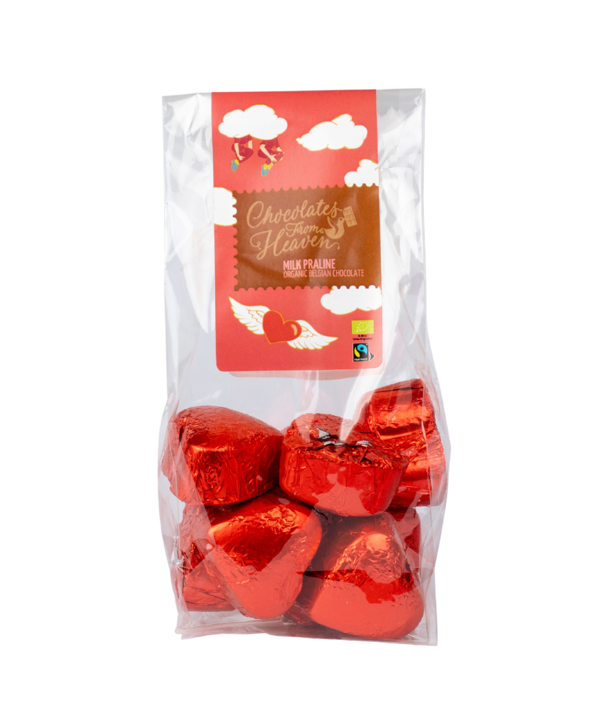 Chocolates From Heaven melkchocolade praline praliné Belgische organische chocolade melk hartjes hartjeschocolade valentijn bio fairtrade sweet hearts geschenk rood