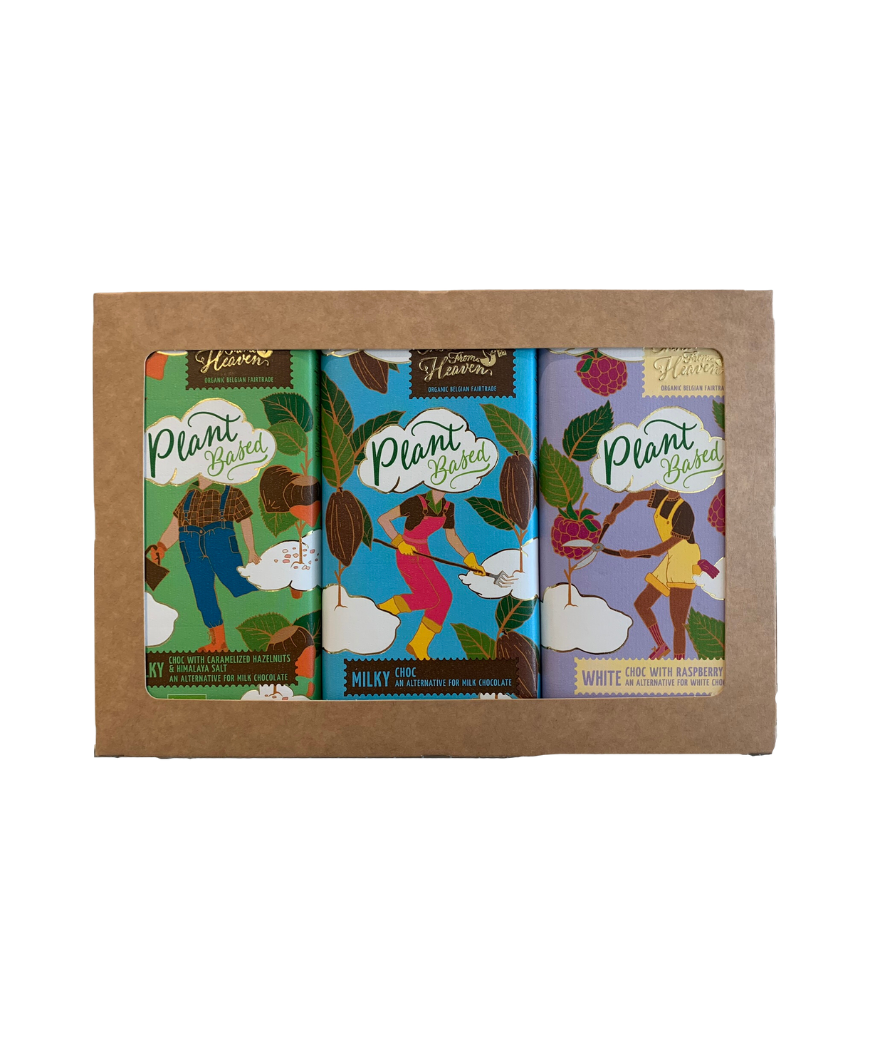 Gift pack 3 tablets Chocolates From Heaven plant based vegan melk witte Belgische organische chocolade melkchocolade met gekarameliseerde hazelnoten en himalaya zout alternatief melkchocolade milk chocolate alternative witte chocolade framboos raspberry tablet bio fairtrade rijstmelk