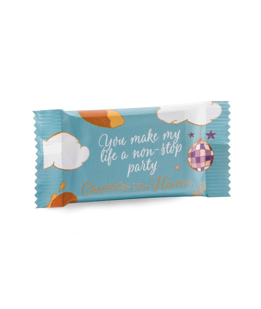 Chocolates from heaven little chocolates with quote kleine chocolaatjes met quotes bio fairtrade melkchocolade amandel karamel zeezout milk chocolate almond caramel seasalt You make my life a non-stop party