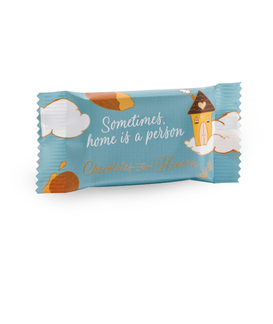 Chocolates from heaven little chocolates with quote kleine chocolaatjes met quotes bio fairtrade melkchocolade amandel karamel zeezout milk chocolate almond caramel seasalt sometimes, home is a person