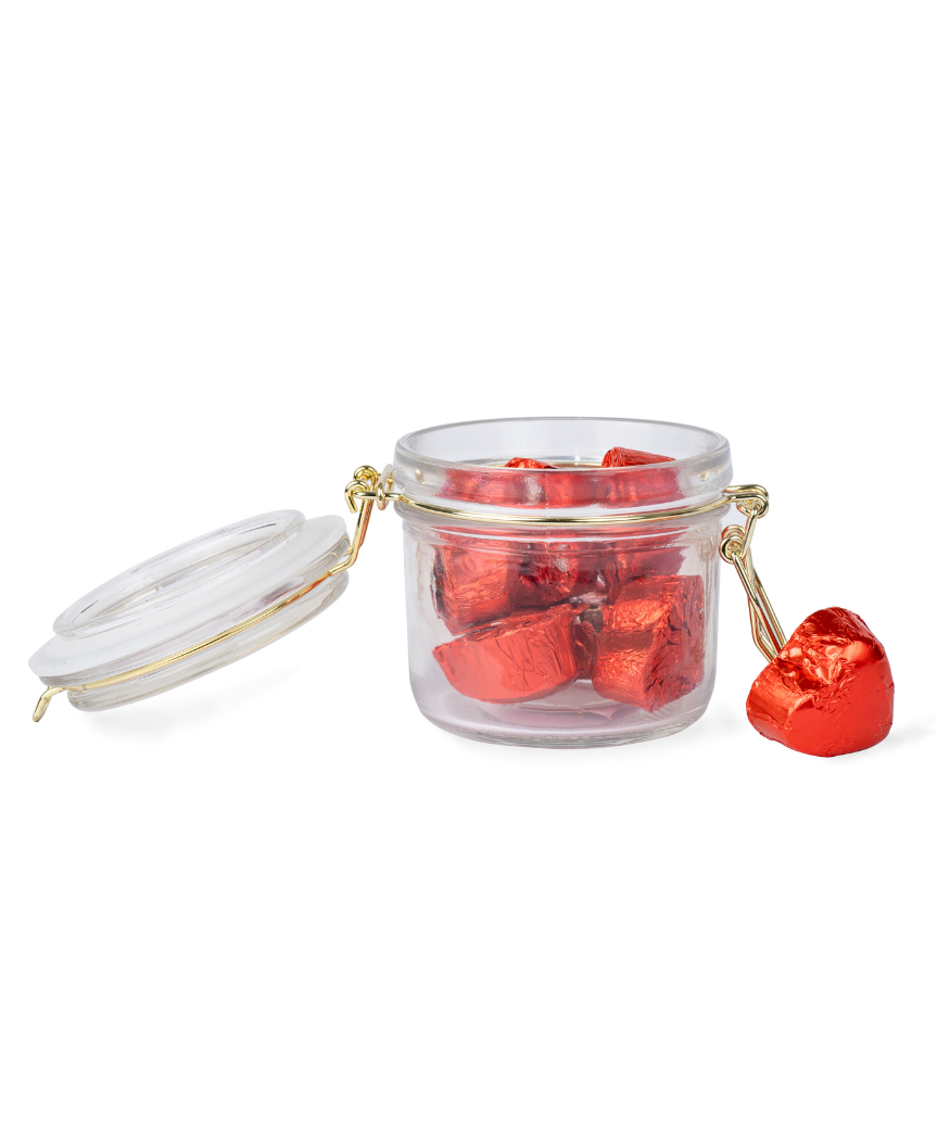 Chocolates From Heaven melkchocolade praline praliné Belgische organische chocolade melk hartjes hartjeschocolade valentijn bio fairtrade sweet hearts jar