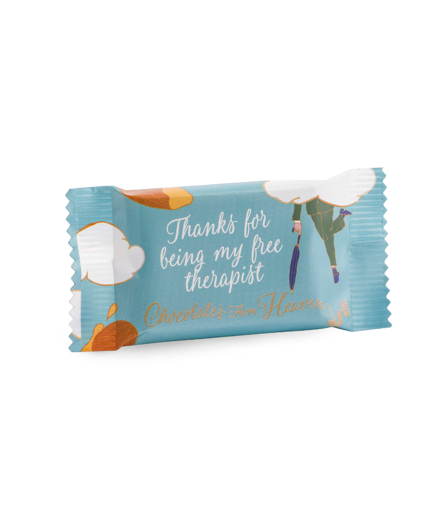 Chocolates from heaven little chocolates with quote kleine chocolaatjes met quotes bio fairtrade melkchocolade amandel karamel zeezout milk chocolate almond caramel seasalt thanks for being my free therapist