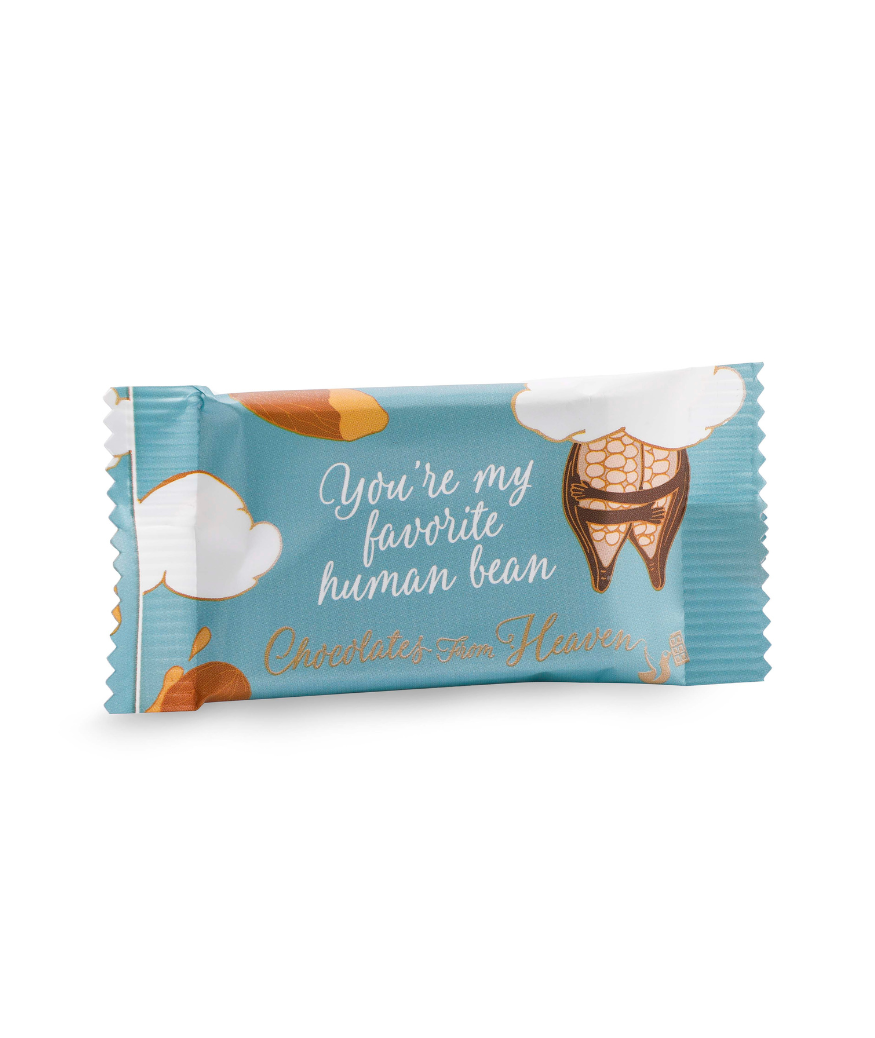 Chocolates from heaven little chocolates with quote kleine chocolaatjes met quotes bio fairtrade melkchocolade amandel karamel zeezout milk chocolate almond caramel seasalt You're my favorite human bean