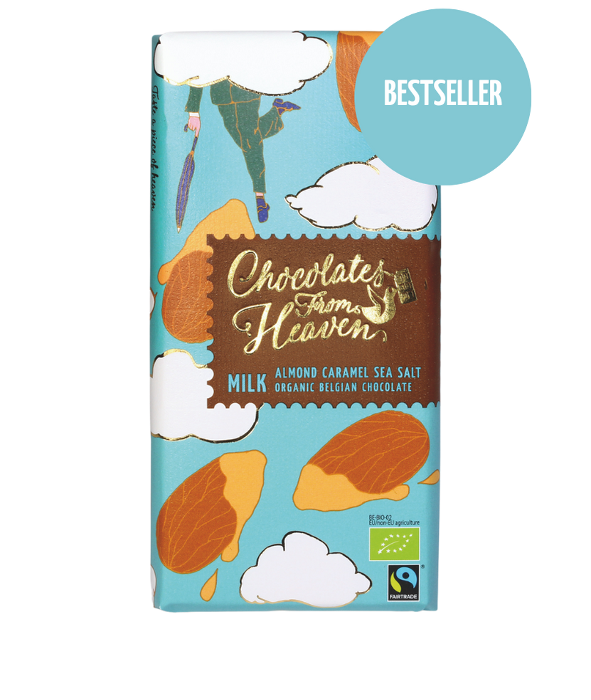 Chocolates From Heaven melkchocolade Belgische organische chocolade melk amandel karamel zeezout milk almond caramel sea salt tablet bio fairtrade bestseller