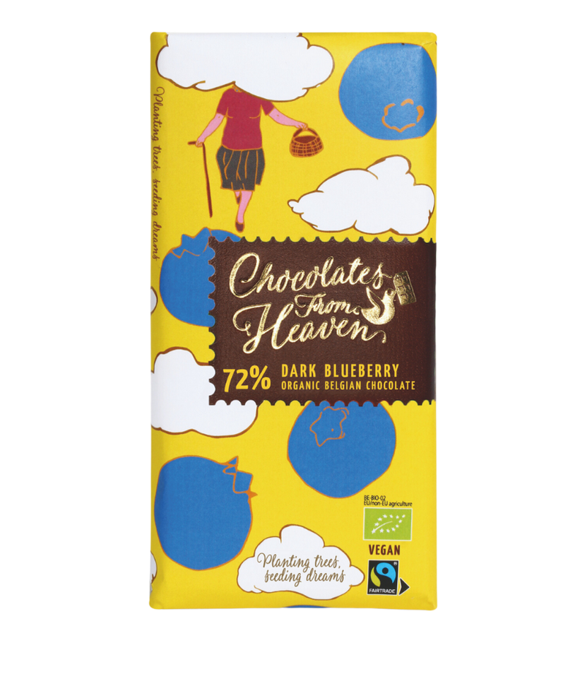 Chocolates From Heaven Pure belgische organische chocolade 72% bosbes blueberry tablet bio fairtrade