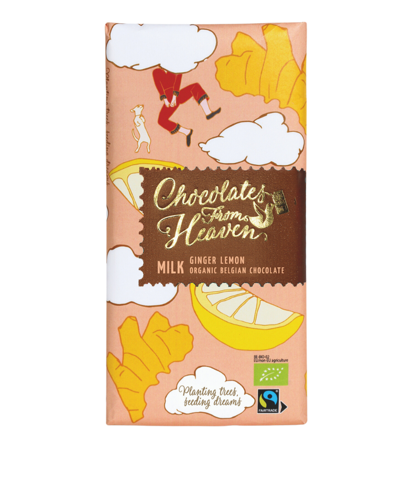 Chocolates From Heaven melkchocolade Belgische organische chocolade melk gember citroen ginger lemon tablet bio fairtrade