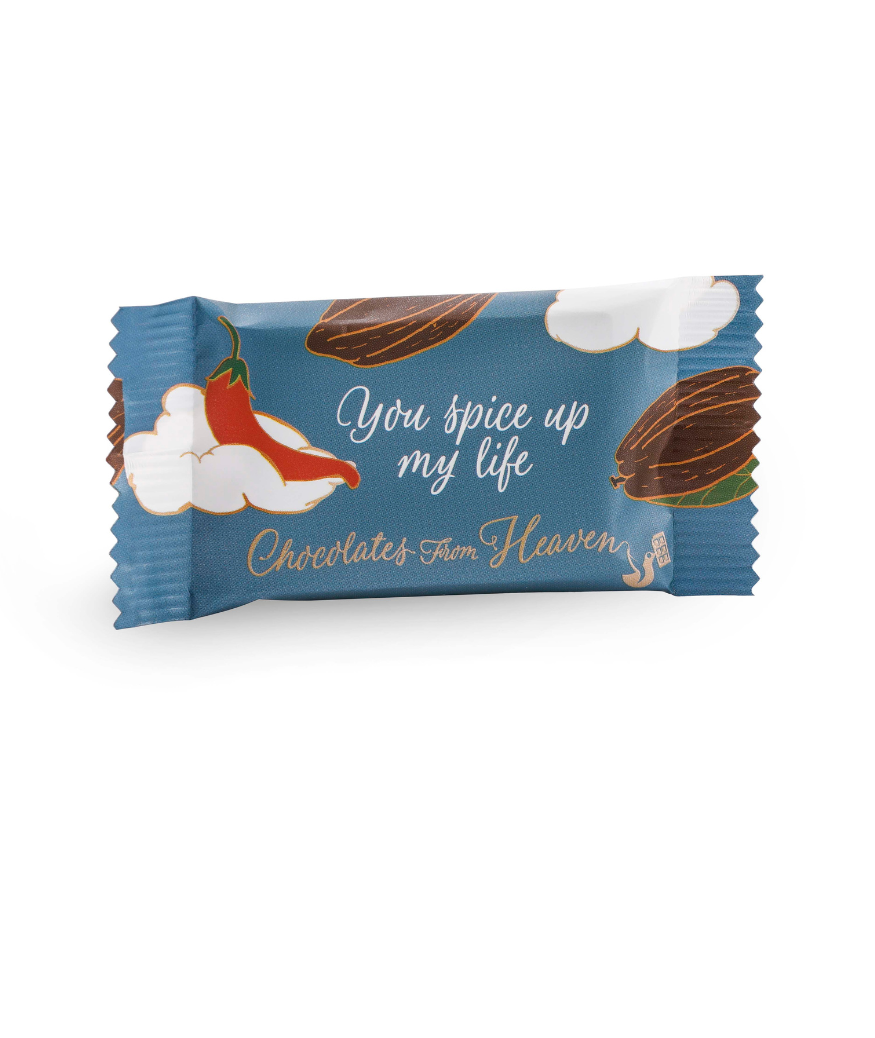 Chocolates from heaven little chocolates with quote kleine chocolaatjes met quotes bio fairtrade pure chocolade 80% peru pure chocolate Happiness box You spice up my life